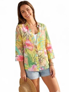 Eclectic Abstract Cotton Floral Colourful Tropical Top SZ S